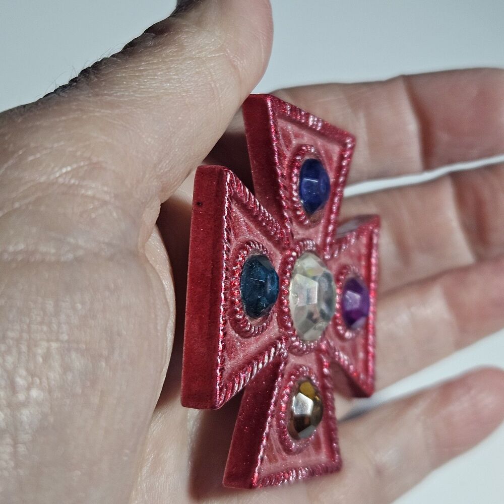 Vintage Red Geometric Cross Multicolored Rhinestones Brooch - Picture 4 of 9